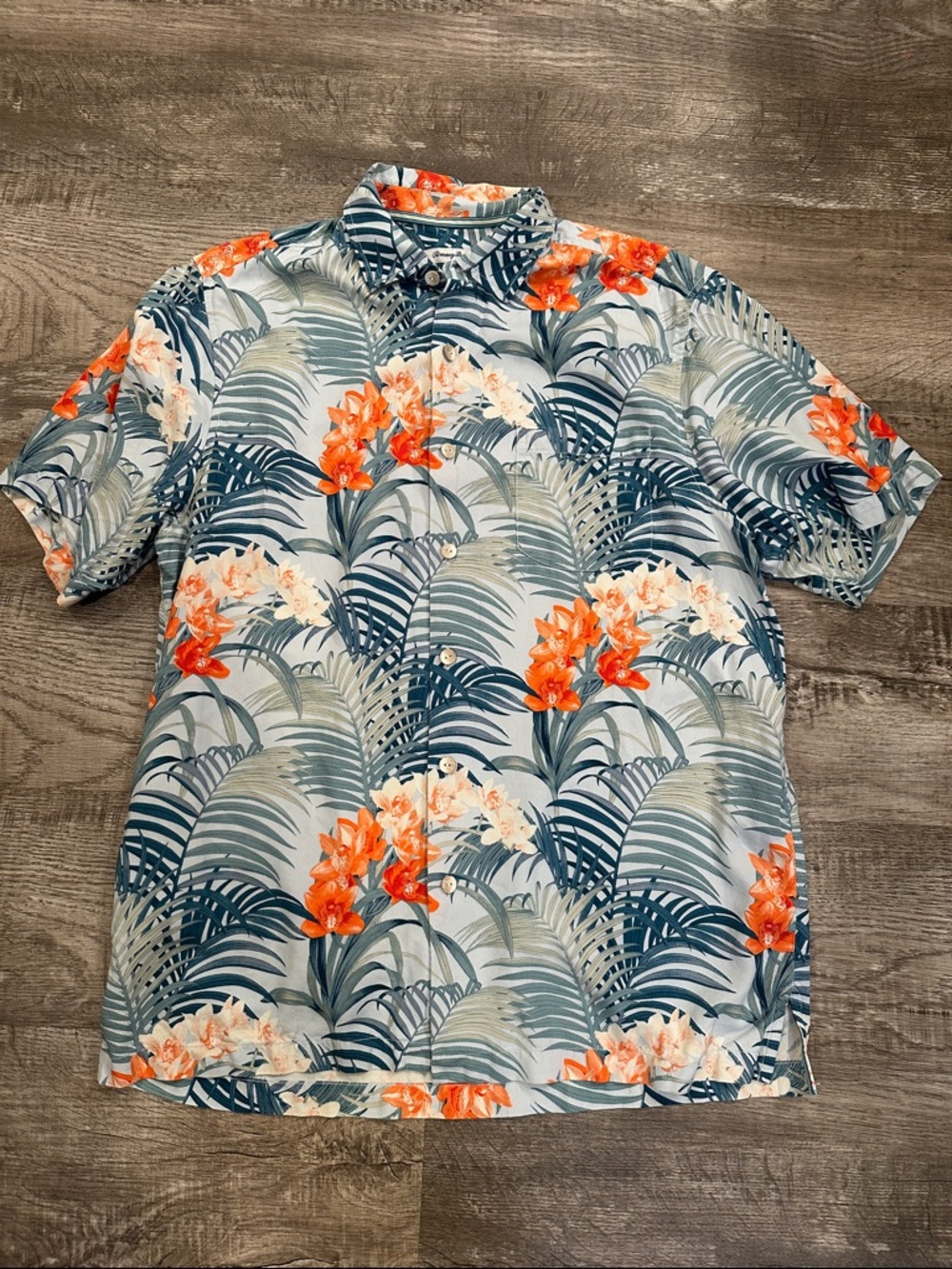 Tommy Bahama Men's Large Tall Silk Blue and Orange Floral Hawaiian Shirt
